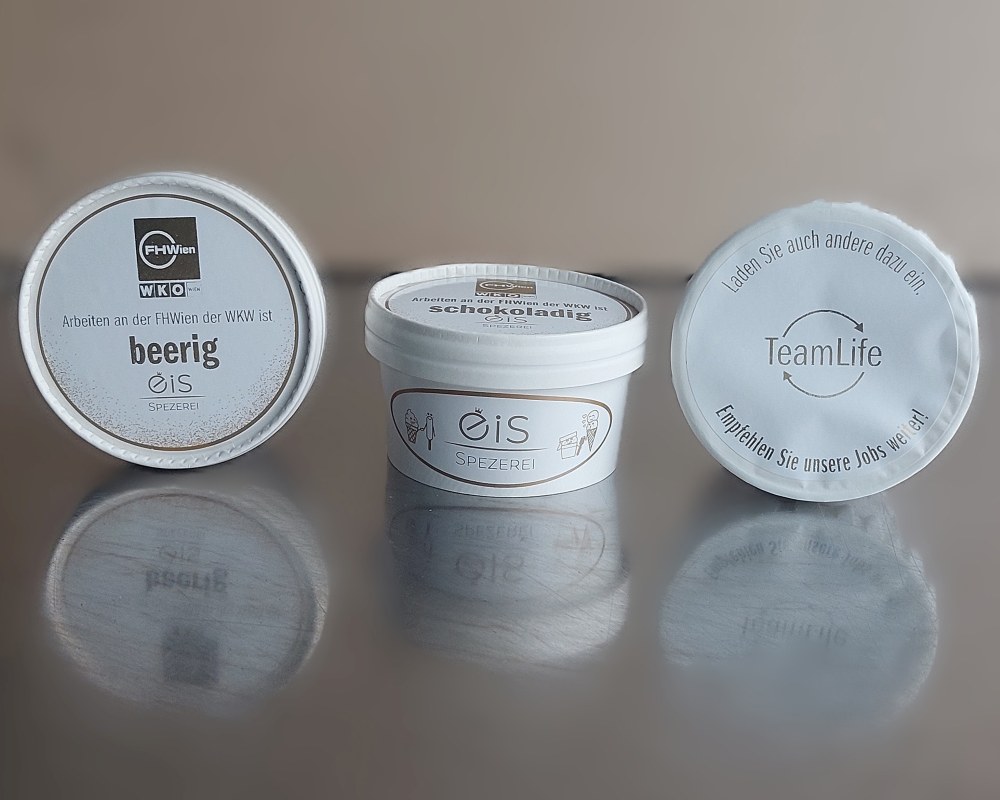 Der Exklusive Eisbecher für die FH Wien gestaltet. Das Branding der Eis Spezerei bleibt dabei dominant.